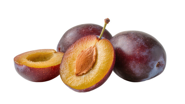 Ripe halved purple plums with stems and whole plum beside