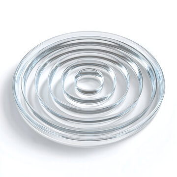 A clear top down view of multiple transparent glass dishes nested together creating a beautiful concentric pattern on a plain white background