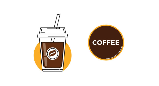 Plastic cup of refreshing iced coffee with a straw next to a circular badge containing the word coffee on a white background.