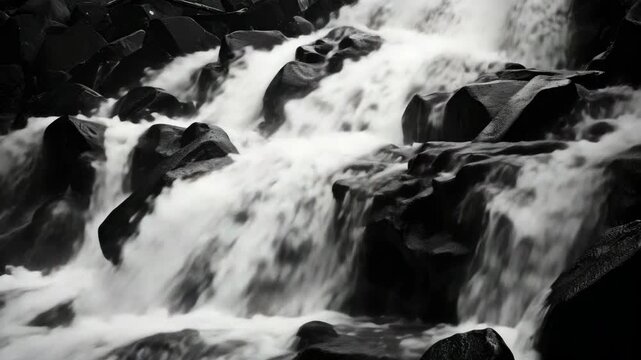 A black and white of a rushing river filled with rocks.