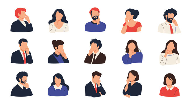 Collection of diverse people avatars in various poses of thinking and pondering ideas on a white background for business brainstorming.