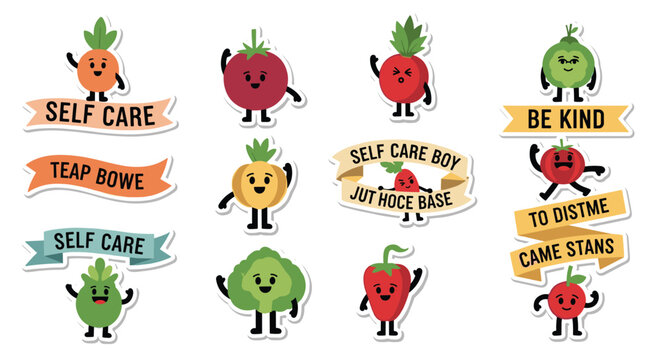 Set of cute fruit and vegetable stickers featuring friendly faces and positive self-care and kindness slogans for children.