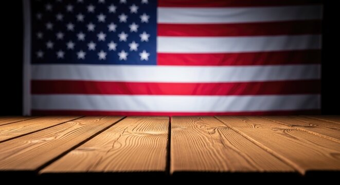 Patriotic 4th of july display american flag with wooden table for independence day celebration