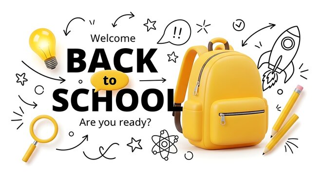 Back to school concept with yellow backpack and doodle icons on chalkboard