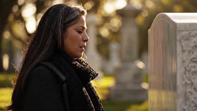 Woman grieving at a cemetery during golden hour, wearing a scarf and coat, with sunlight illuminating her hair and the tombstones