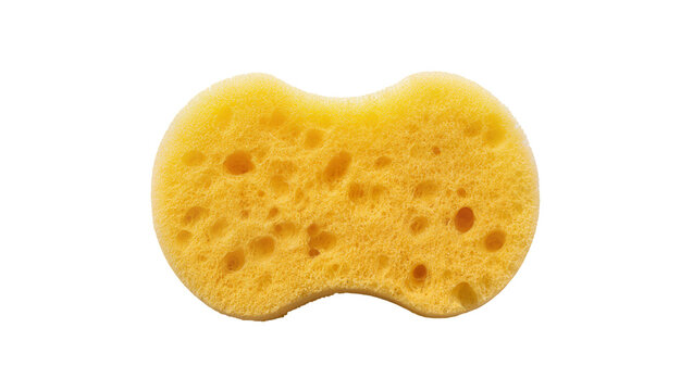 Yellow porous cleaning sponge with irregular shape and holes