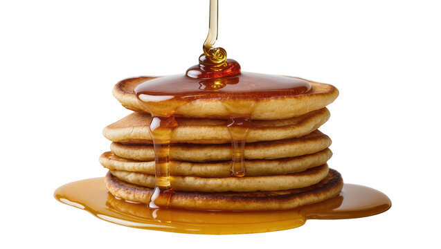 Stacked golden pancakes drenched in amber syrup on a plate