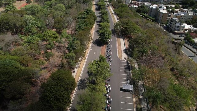 Aerial tracking shot of a large group of cyclists in a peloton riding through a lush urban park road. Fitness, sports, and outdoor lifestyle concept