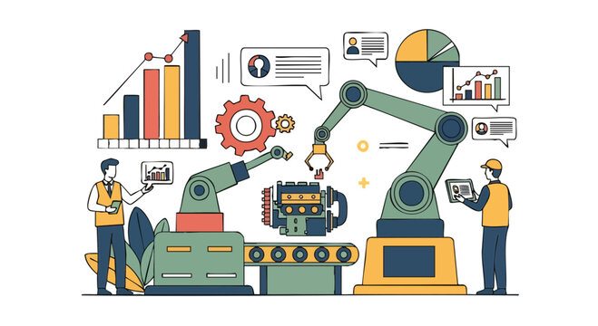 Smart factory automation with robotic arms and engineers monitoring data