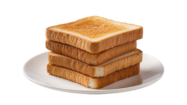 Stacked golden toasted bread slices on a white ceramic plate