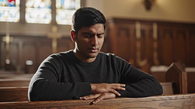 Young man with eyes closed praying in a church pew, seeking solace and spiritual connection, worship and faith theme