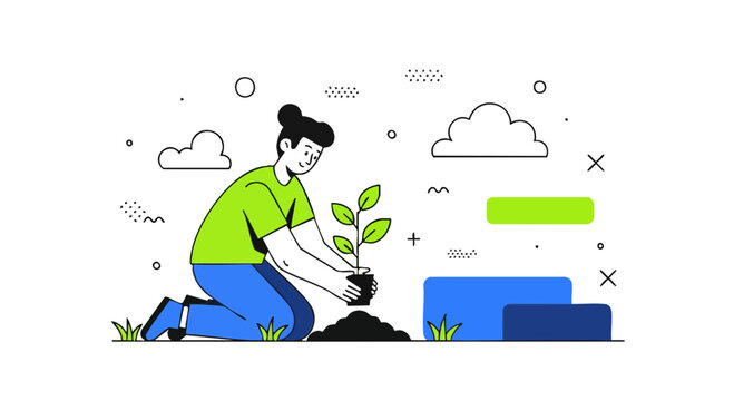 Woman planting a green tree sapling in the garden vector illustration