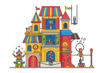 Obraz premium Whimsical circus building with performers and animals in colorful cartoon style
