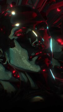 A dark looping background of endless rows of hollow mannequin style humanoid clones.