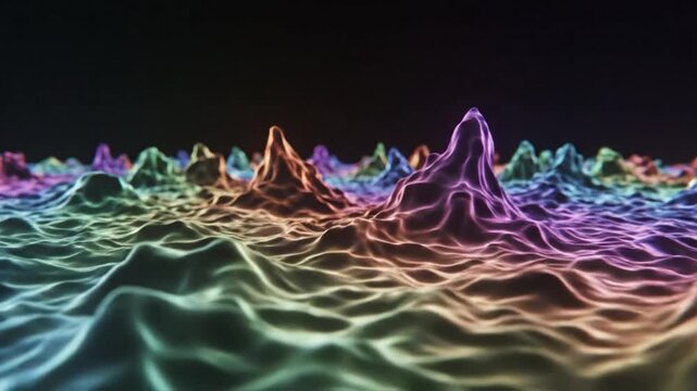Abstract, animated digital landscape with vibrant, glowing colorful mountains and flowing forms with visual effects in dark space