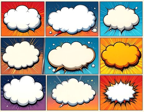 Comic book style grid of nine different cloud-shaped speech bubbles in bold colors against radiating burst backgrounds