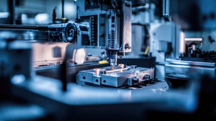 Fototapeta premium Cnc milling machine shaping metal in factory