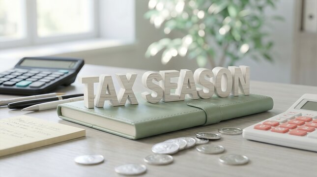 Wooden letters spelling "TAX SEASON" placed on a green notebook surrounded by coins, calculators, and a notepad on a light wooden desk with natural light