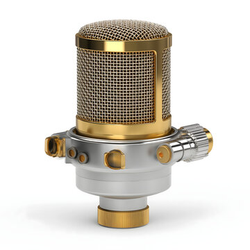 A sophisticated professional studio microphone featuring elegant gold and shiny silver metallic details is prominently displayed on a clean white background for audio recording