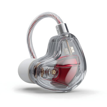 A detailed close up of a single transparent in ear monitor reveals its intricate internal wiring and a bold red audio driver on a white background
