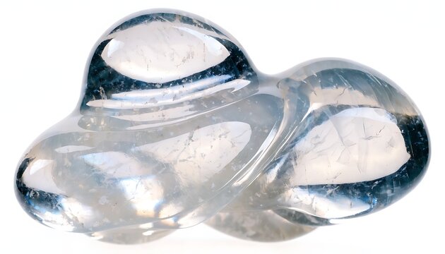 Close-up of white opalite stone with smooth polished surface and soft iridescence, isolated on white background.