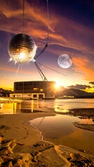 Composite evening scene features a disco ball, crane, moon, water reflection, building, and sunset