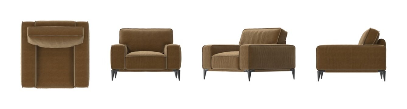 Modern brown armchair with plush upholstery and sleek black legs