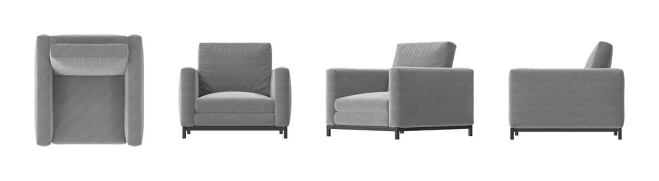 Modern gray armchair with plush upholstery and sleek metal legs