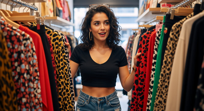 Excited young woman shopping for clothes in a boutique. Female customer looking at a red leopard print garment on a rack
