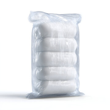 A transparent plastic bag filled with five simple white cylindrical soap bars neatly arranged and presented on a clean white background for product packaging concepts