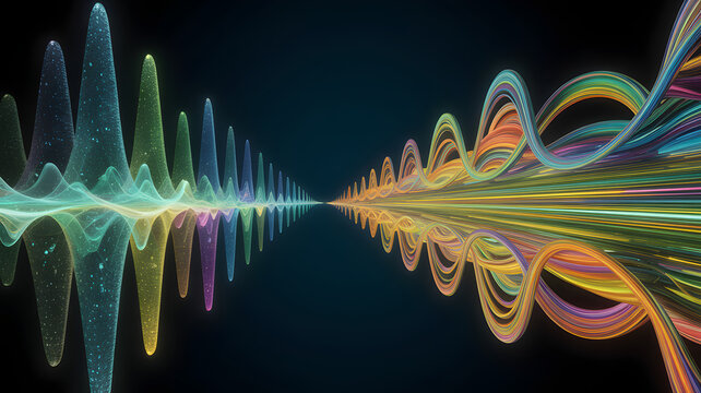 Vibrant abstract sound waves diverging and converging with glowing particles in a dark infinite space