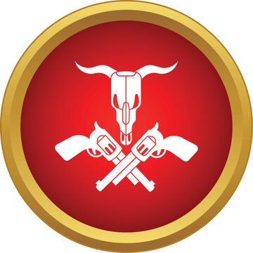 Red circular icon featuring a white steer skull crowning crossed pistols