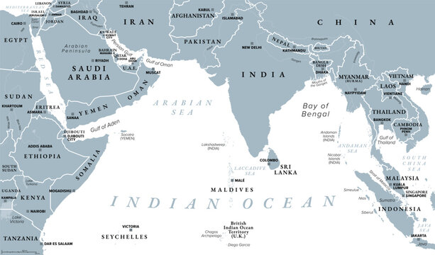 North Indian Ocean, gray political map with countries, international borders, and capitals. Tropical marine region, comprising Arabian Sea to the west of India and Bay of Bengal to the east. Vector