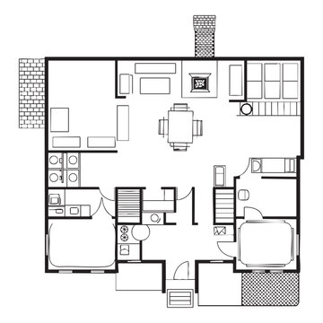Black and white architectural floor plan with furniture and fixtures layout architectural blueprint