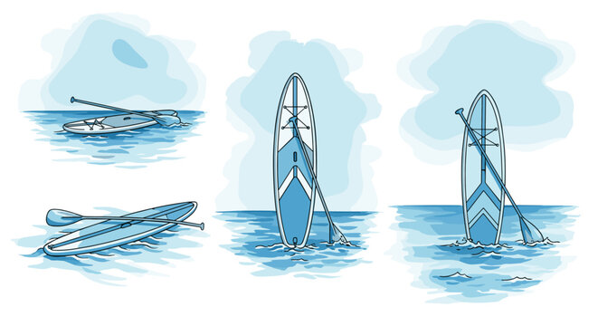 Stand up paddleboard and paddle illustrations on water in different positions