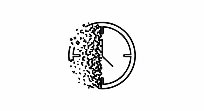 A clock face disintegrates into fragmented particles on a white background