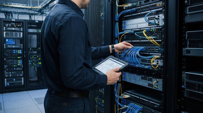 Professional network technician configuring server rack in data center. Data center infrastructure for network maintenance and digital connectivity.