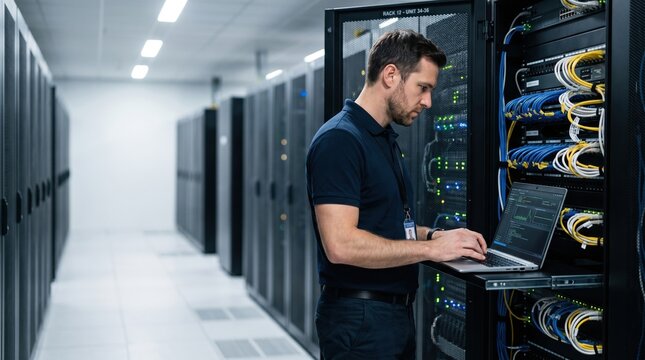 Professional network technician working on a laptop beside server racks in a modern data center. White male specialist managing cabling and system checks in a secure server room.