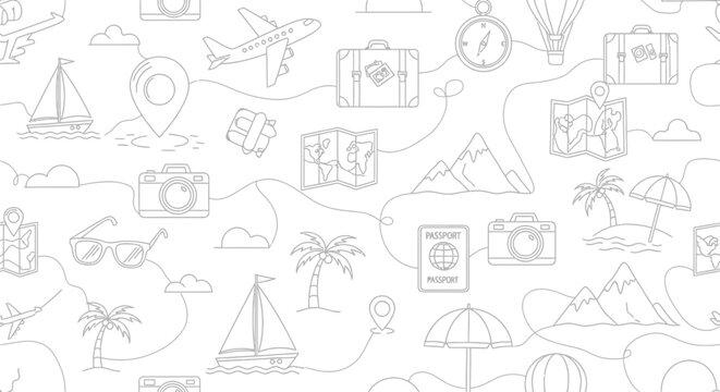 Seamless travel icons featuring airplanes, sailboats, maps, cameras, sunglasses, passports, and tropical destinations create a fun pattern.
