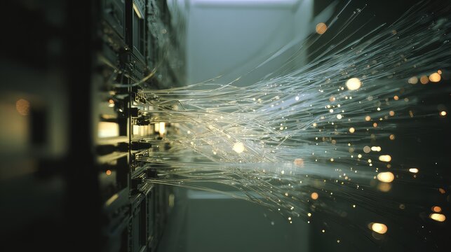 Fiber optic cables streaming bright data into a network switch, illustrating high speed global connectivity, cloud computing, and modern digital infrastructure in a data center