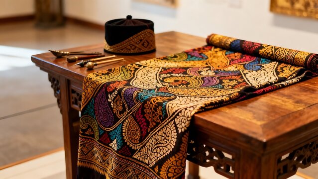 Intricate paisley patterned textile laid out with traditional headwear and utensils on a wooden table
