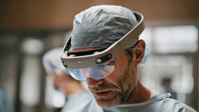 Augmented reality overlay showing real-time nerve mapping on surgeon's headset visor reflection, close framing on visor surface, operating theater lights reflected, neurosurgery AR