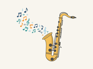 Naklejka premium Flat vector illustration of a golden saxophone with colorful musical notes and symbols