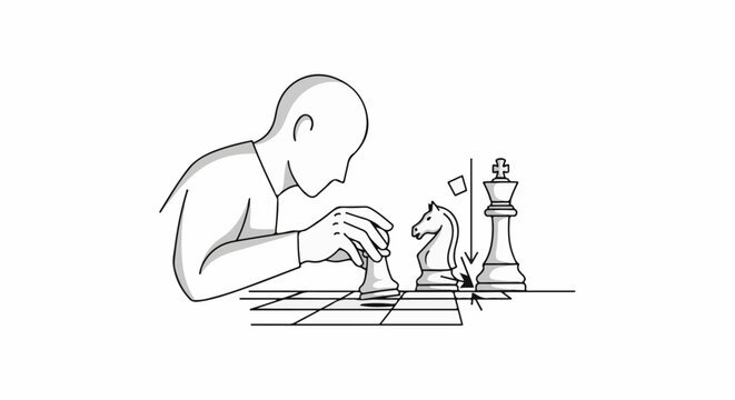 Person contemplating a chess move on a board with king, knight, pawn