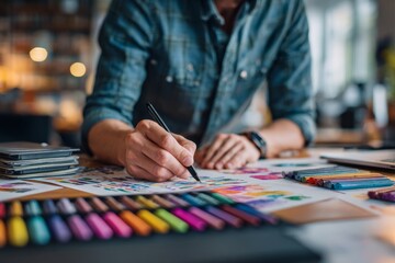 Obraz premium Designer Creates Colorful Project in Close-Up Shot During Work Hours in a Modern Studio