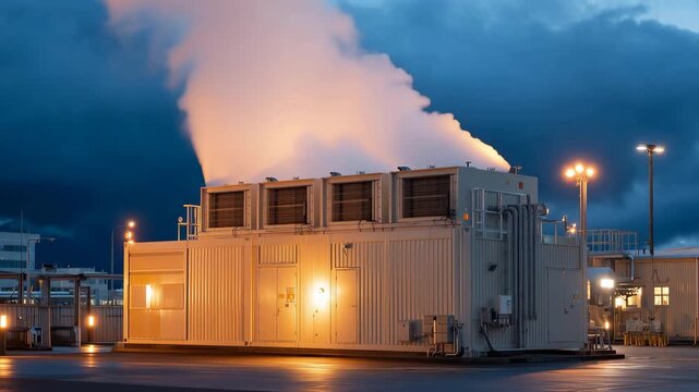 Electrolyzer green hydrogen plant exterior during rain storm, steam venting from pressure relief stack, security lighting casting amber reflections across wet concrete, hydrogen pr