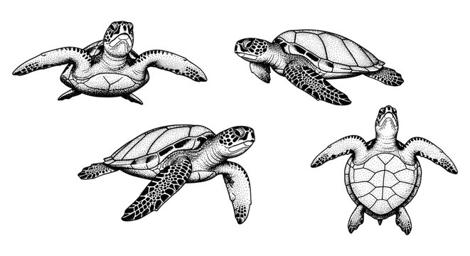Collection of four detailed stippled sea turtle illustrations in different poses