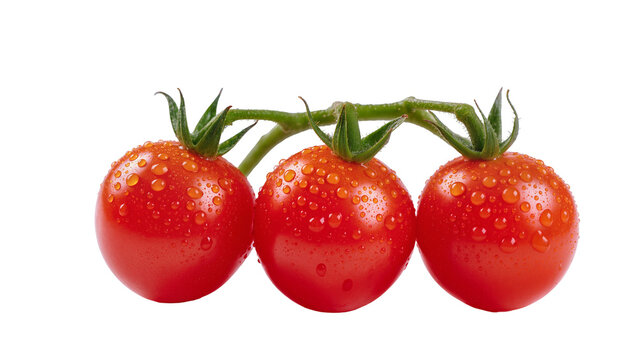 Three bright red cherry tomatoes with green stems and water droplets