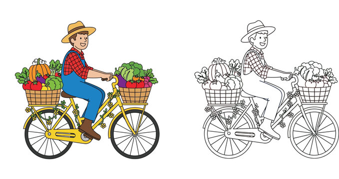 Happy Farmer on Bicycle with Harvested Vegetables and Fruits - Sustainable Living Cartoon