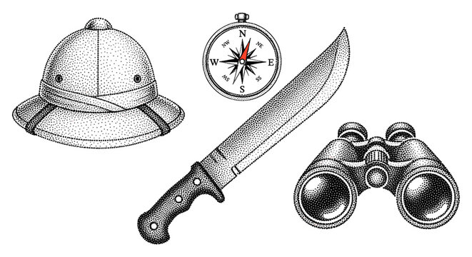 Vintage safari exploration gear including a pith helmet, machete, compass, and binoculars